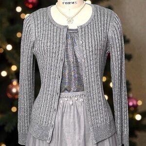 Metallic Silver New York & Company Cable Knit Cardigan & Matching Tee Set